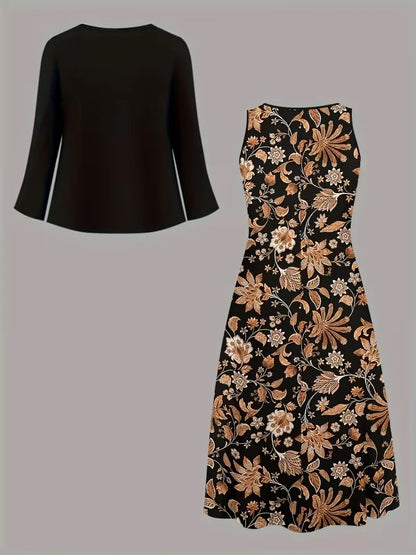 2-Piece Dress Set for Women – Printed Dress with Cardigan