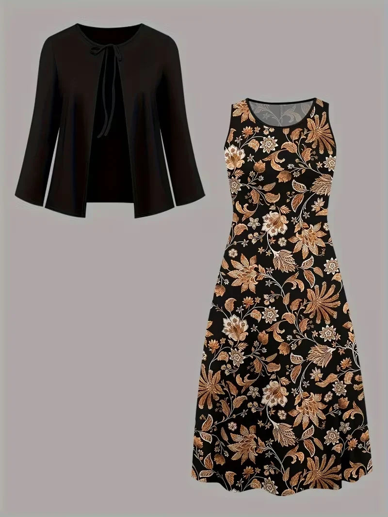 2-Piece Dress Set for Women – Printed Dress with Cardigan