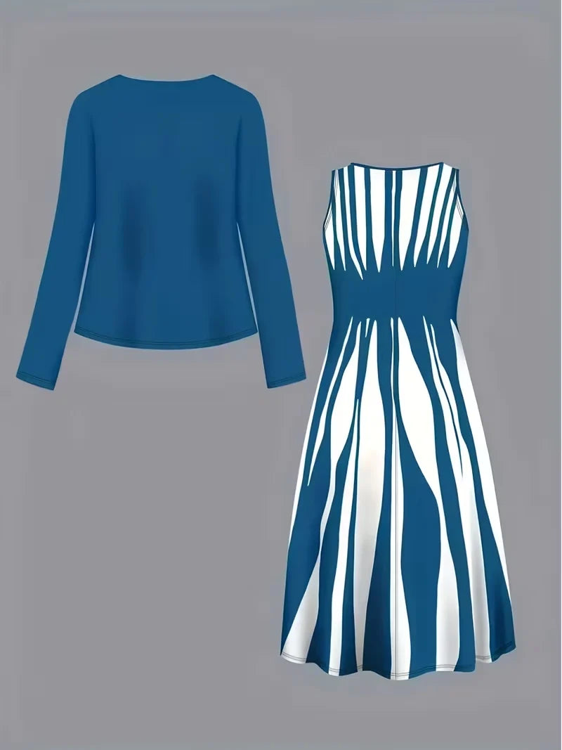 2-Piece Dress Set for Women – Printed Dress with Cardigan