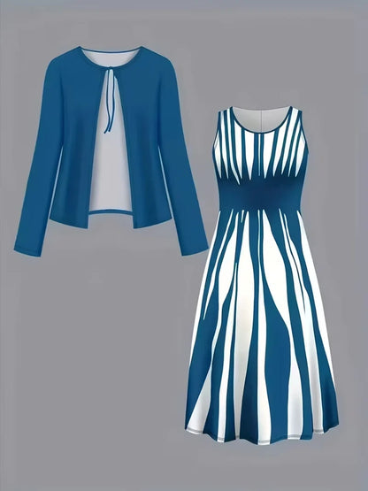 2-Piece Dress Set for Women – Printed Dress with Cardigan