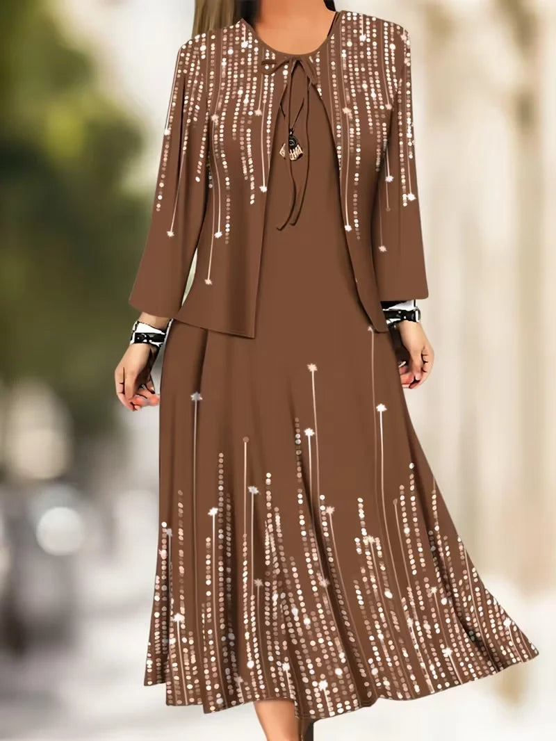 2-Piece Dress Set for Women – Printed Dress with Cardigan