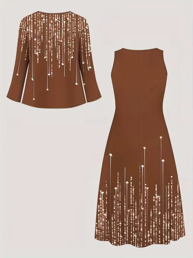 2-Piece Dress Set for Women – Printed Dress with Cardigan