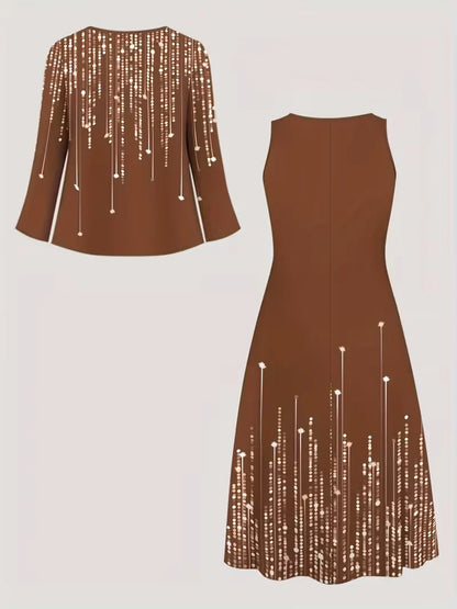 2-Piece Dress Set for Women – Printed Dress with Cardigan