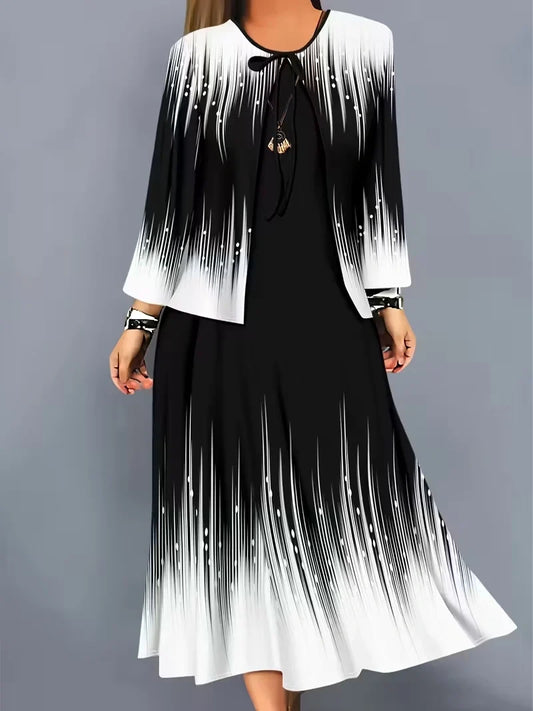 2-Piece Dress Set for Women – Printed Dress with Cardigan
