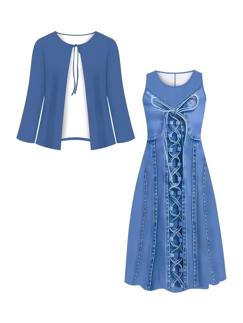 2-Piece Dress Set for Women – Printed Dress with Cardigan
