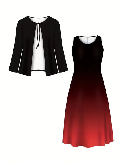 2-Piece Dress Set for Women – Printed Dress with Cardigan