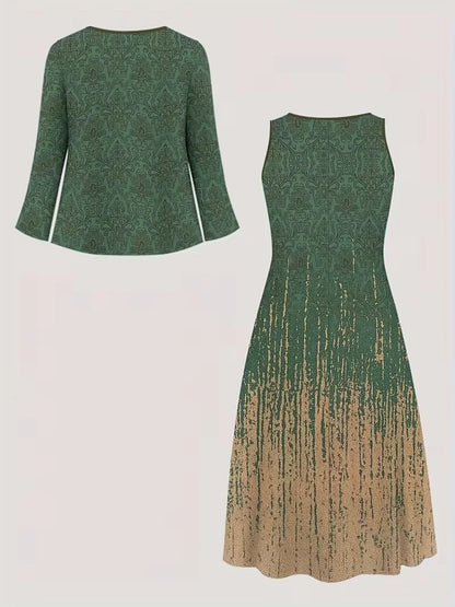 2-Piece Dress Set for Women – Printed Dress with Cardigan