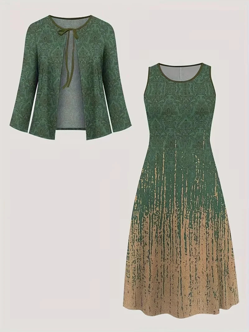 2-Piece Dress Set for Women – Printed Dress with Cardigan