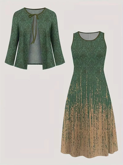2-Piece Dress Set for Women – Printed Dress with Cardigan