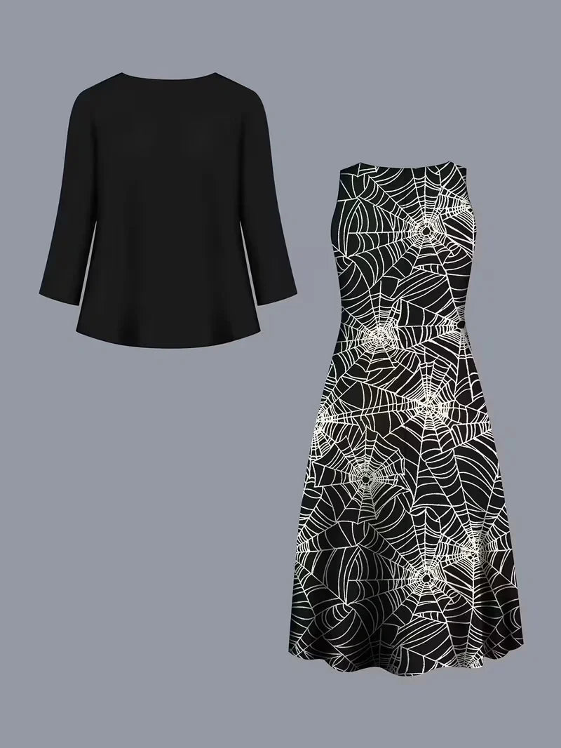 2-Piece Dress Set for Women – Printed Dress with Cardigan
