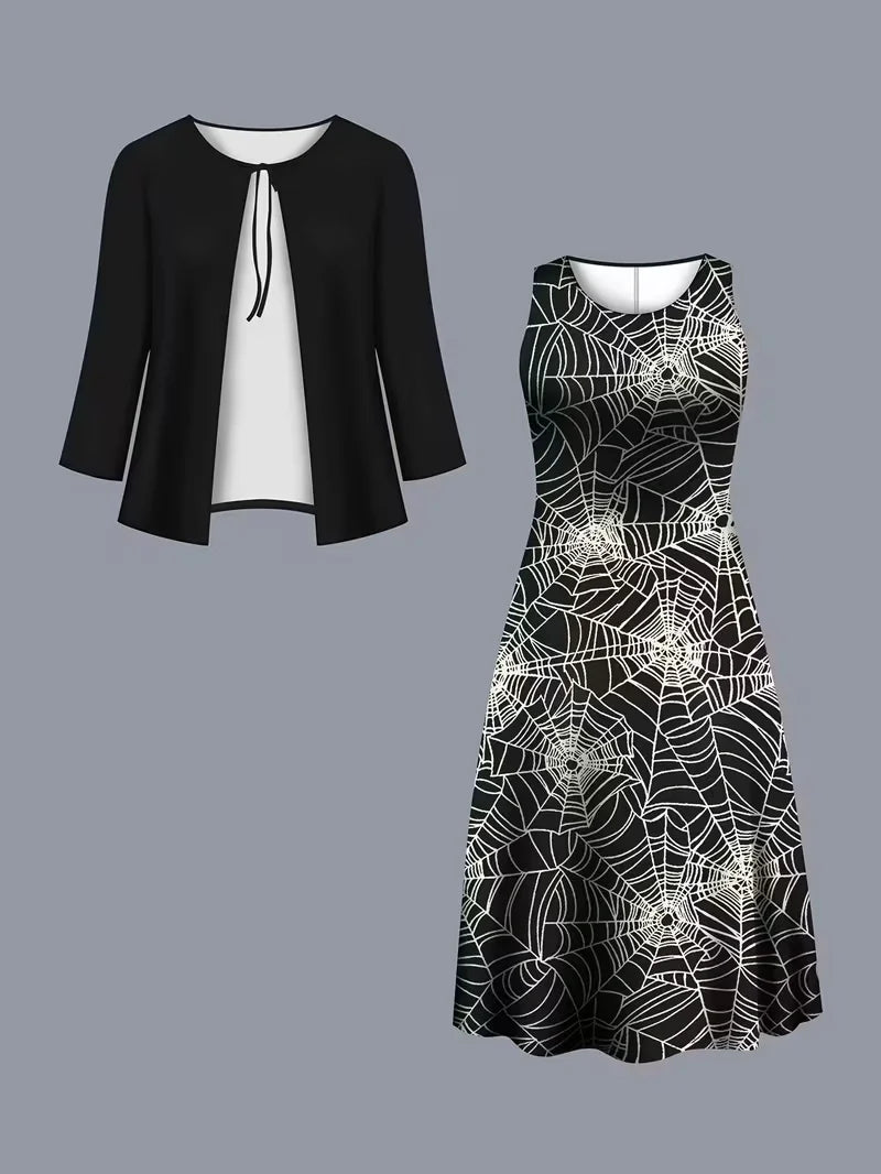 2-Piece Dress Set for Women – Printed Dress with Cardigan