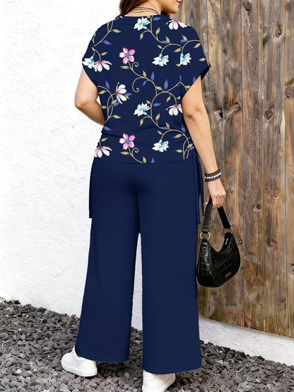 Plus Size Floral Print Co-Ord Set – Casual T-Shirt & Pants 2-Piece Summer Outfit