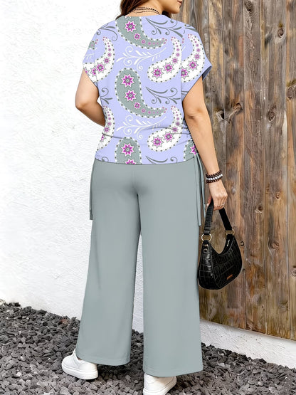 Plus Size Floral Print Co-Ord Set – Casual T-Shirt & Pants 2-Piece Summer Outfit