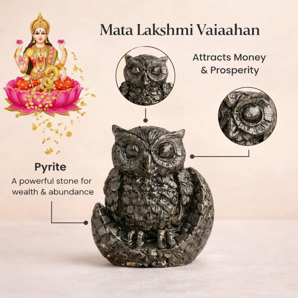 Siddh Mantra Pyrite Owl – Mata Lakshmi Vahan | Wealth, Protection & Prosperity Idol